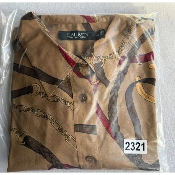 Lauren Ralph Lauren Shirt Women Size 2X Beige Equestrian Print Cotton Button Up - Picture 16 of 16
